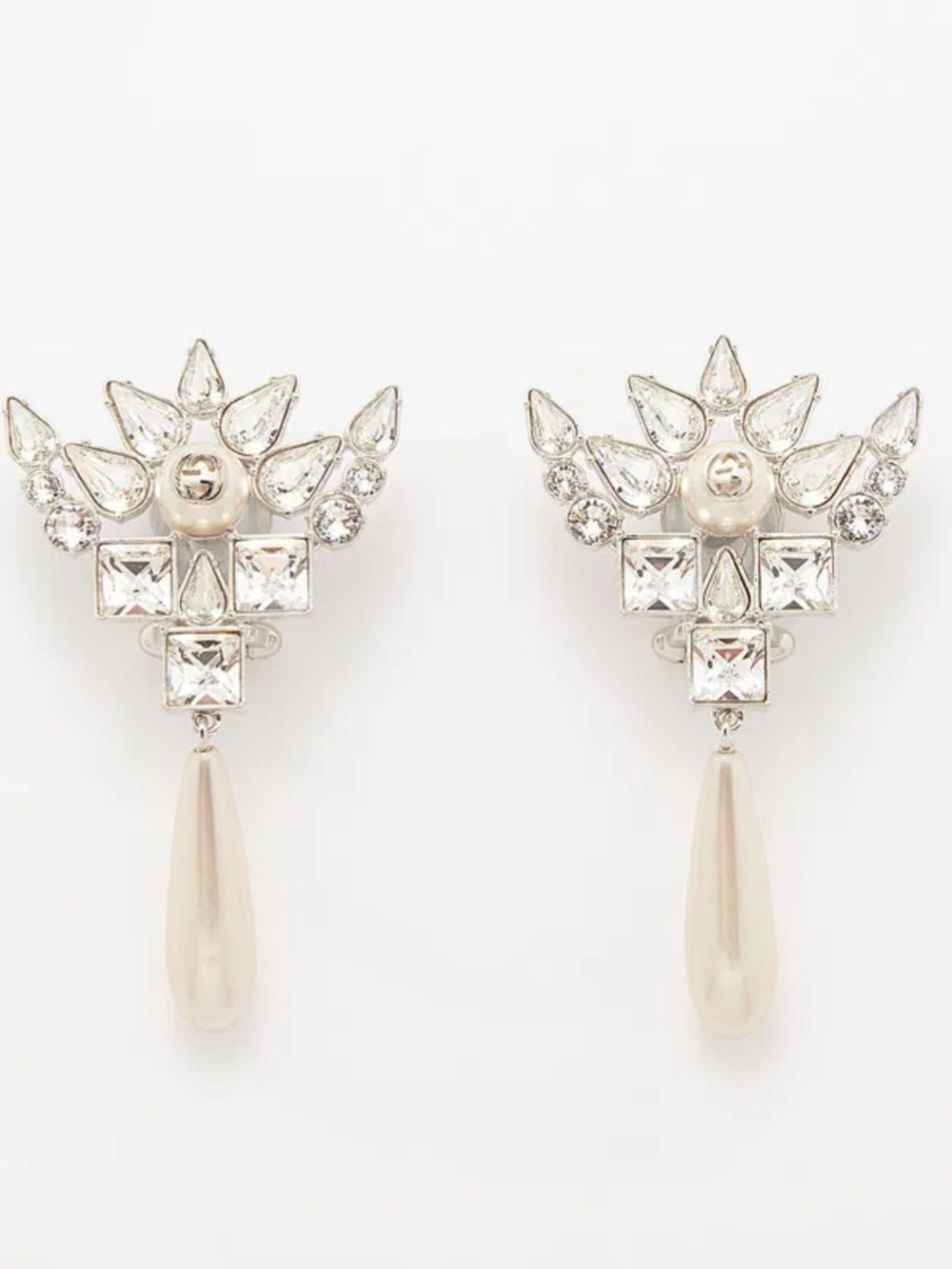 Authentic Gucci Silver-Tone Crystal and White Faux Pearl Drop Earrings - clip on